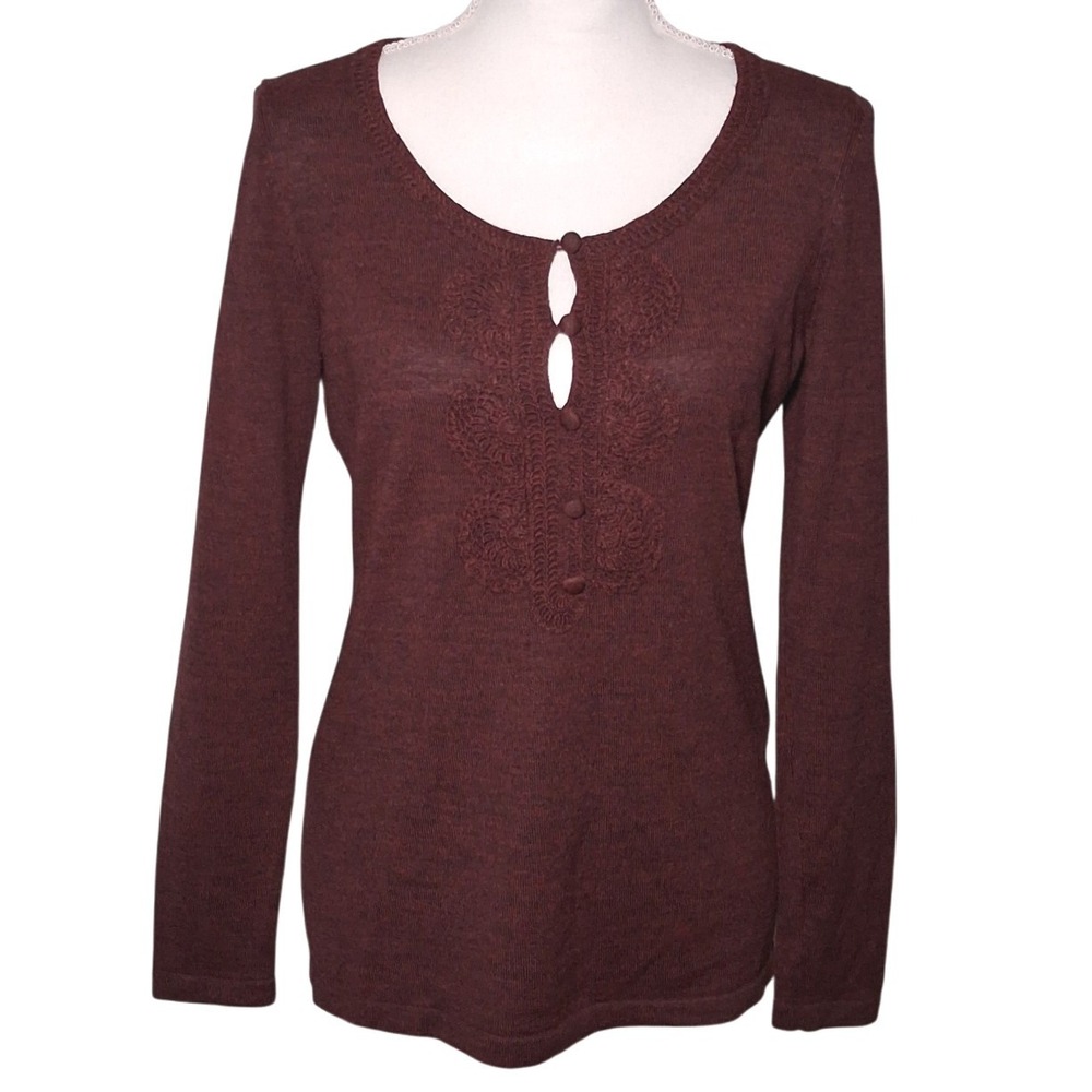 Ann Taylor LOFT Merino Cashmere Blend Sweater S Burgundy Crochet Keyhole Soft